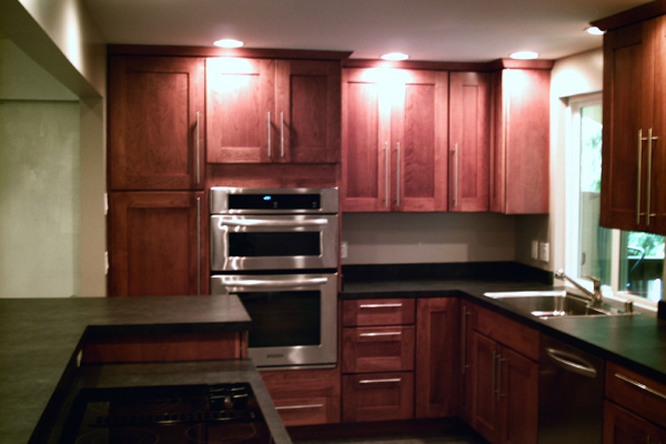 Dark Wood, Dark Gray Counters - Kitchen Remodel